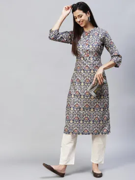 Ethnic Printed Straight Fit Kurta with Pants – Dark Gray