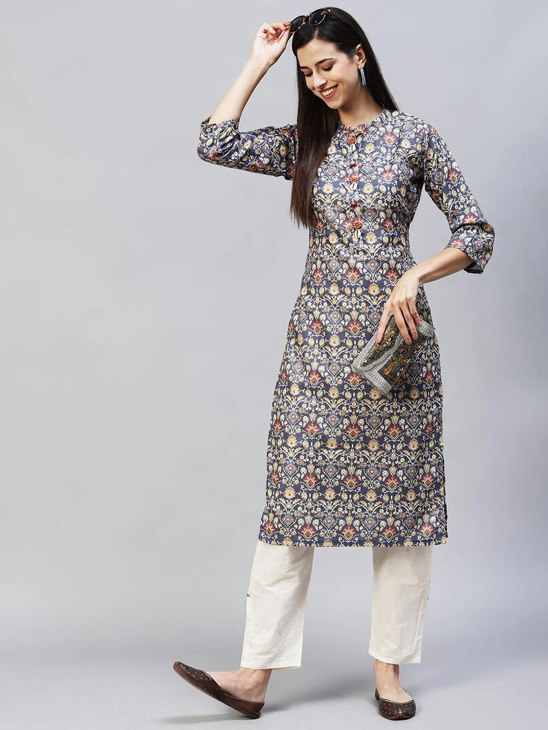 Ethnic Printed Straight Fit Kurta with Pants – Dark Gray