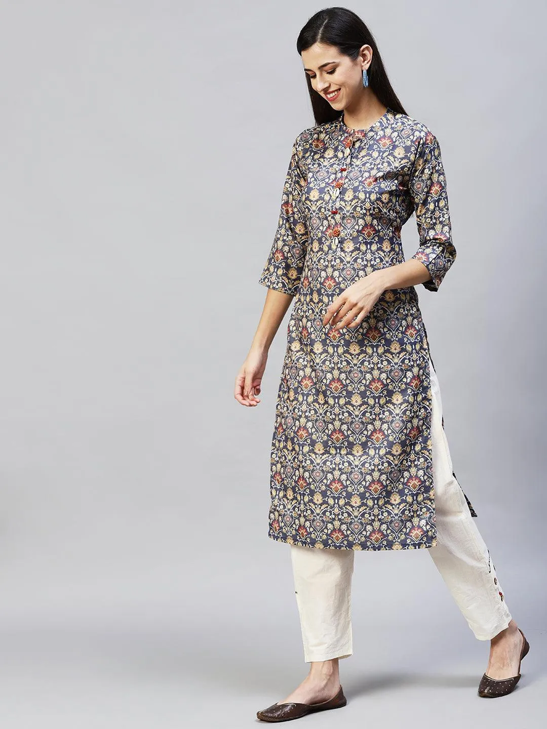 Ethnic Printed Straight Fit Kurta with Pants – Dark Gray