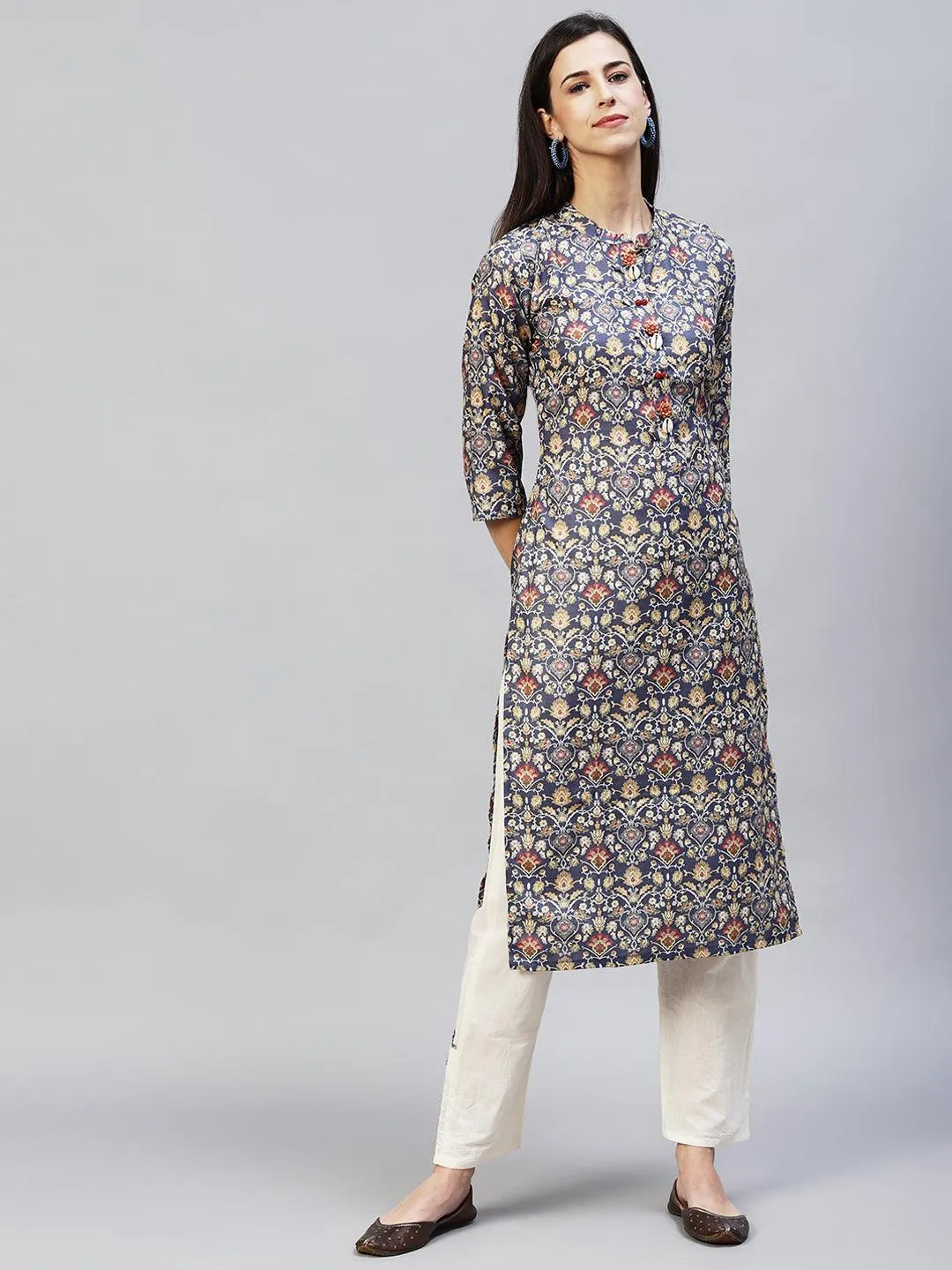 Ethnic Printed Straight Fit Kurta with Pants – Dark Gray