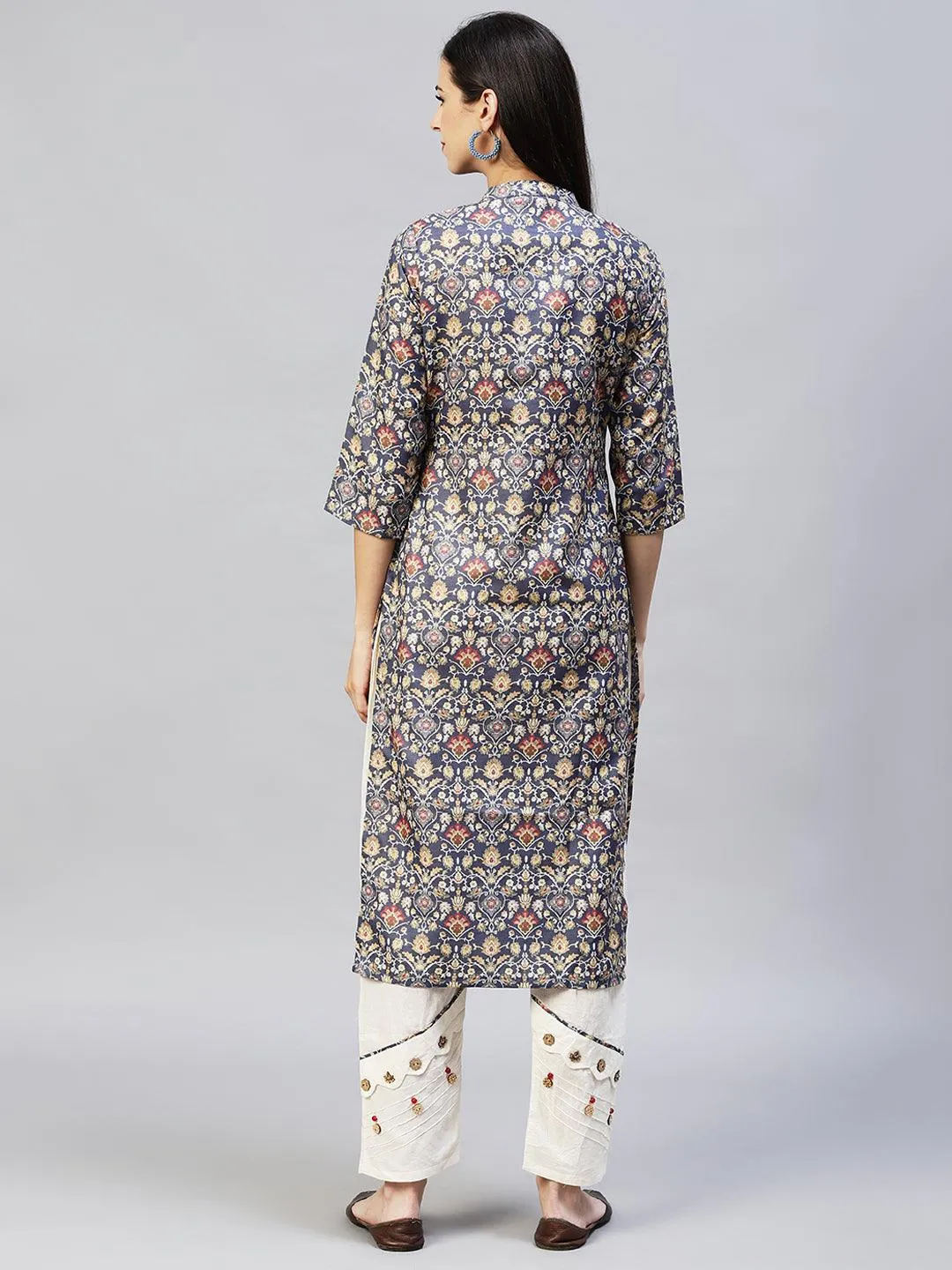 Ethnic Printed Straight Fit Kurta with Pants – Dark Gray