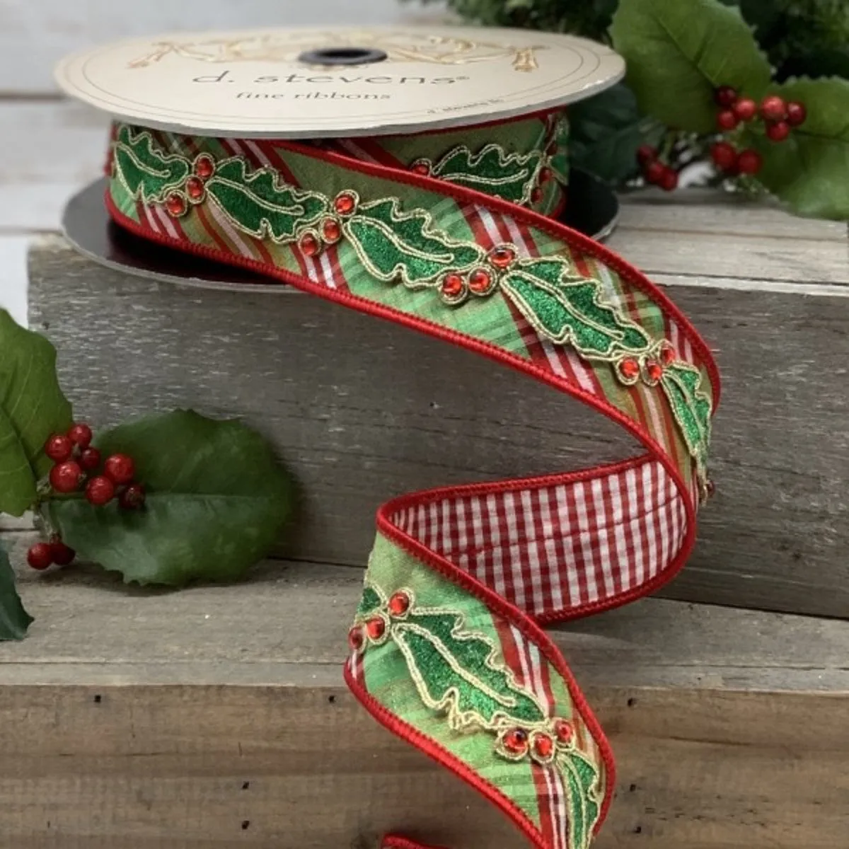 Faux Dupion North Pole Diagonal Plaid Ribbon, 1.5" x 10 yards, Green Red