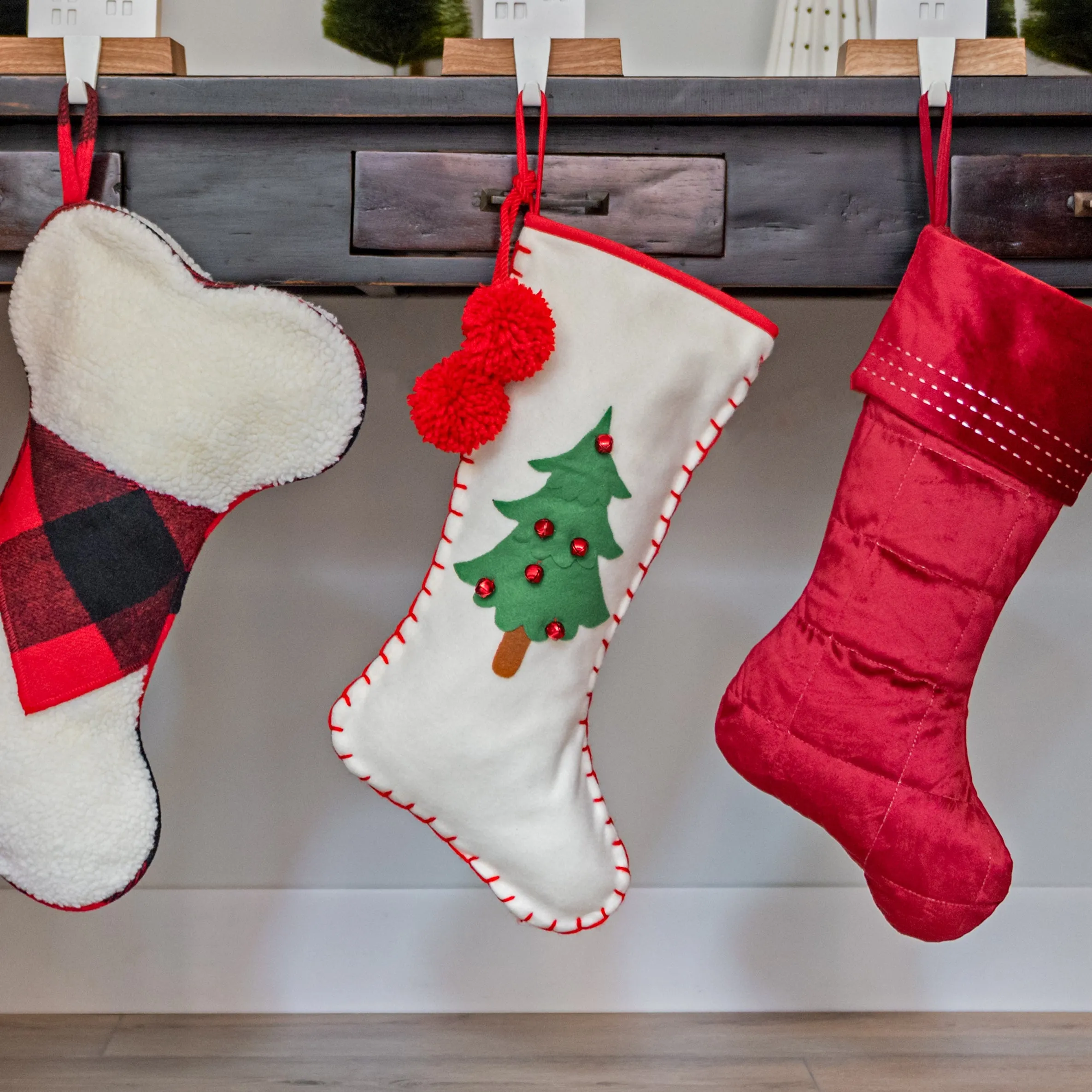 Faux Sherpa Dog Bone Stocking with Red Plaid Bandana Detail