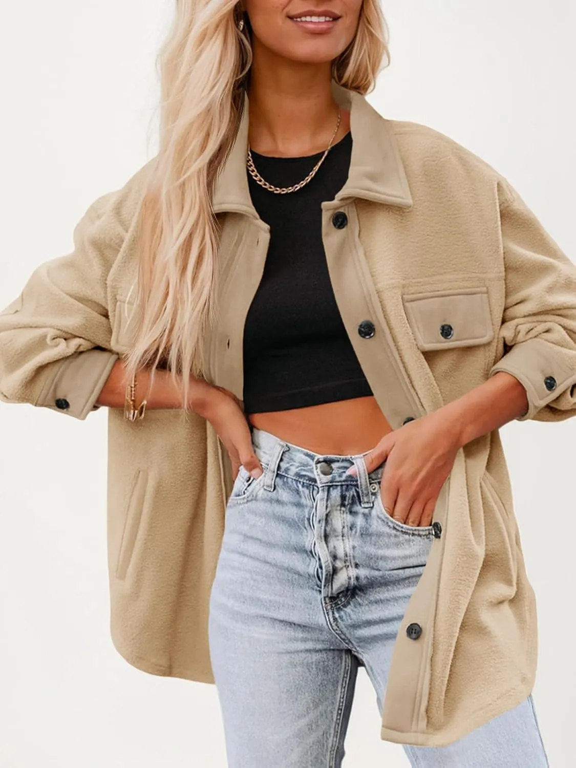 Fisoew Womens Oversized Long Sleeve Button Down Shirt Jacket Soft Comfy Casual Shacket Coats with Pockets