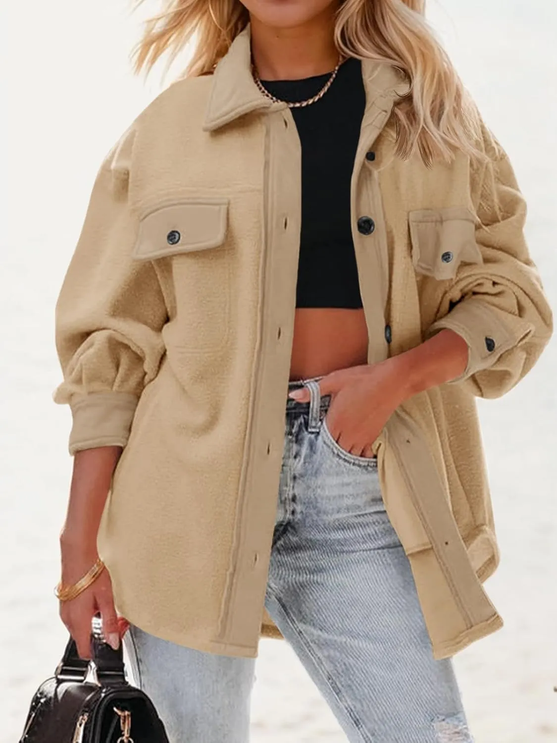 Fisoew Womens Oversized Long Sleeve Button Down Shirt Jacket Soft Comfy Casual Shacket Coats with Pockets