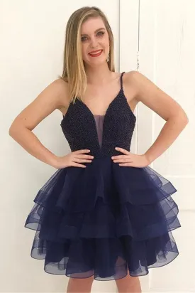 Fluffy V Neck Beaded Navy Blue Short Prom Dress, Navy Blue Formal Graduation Homecoming Dress with Beadings