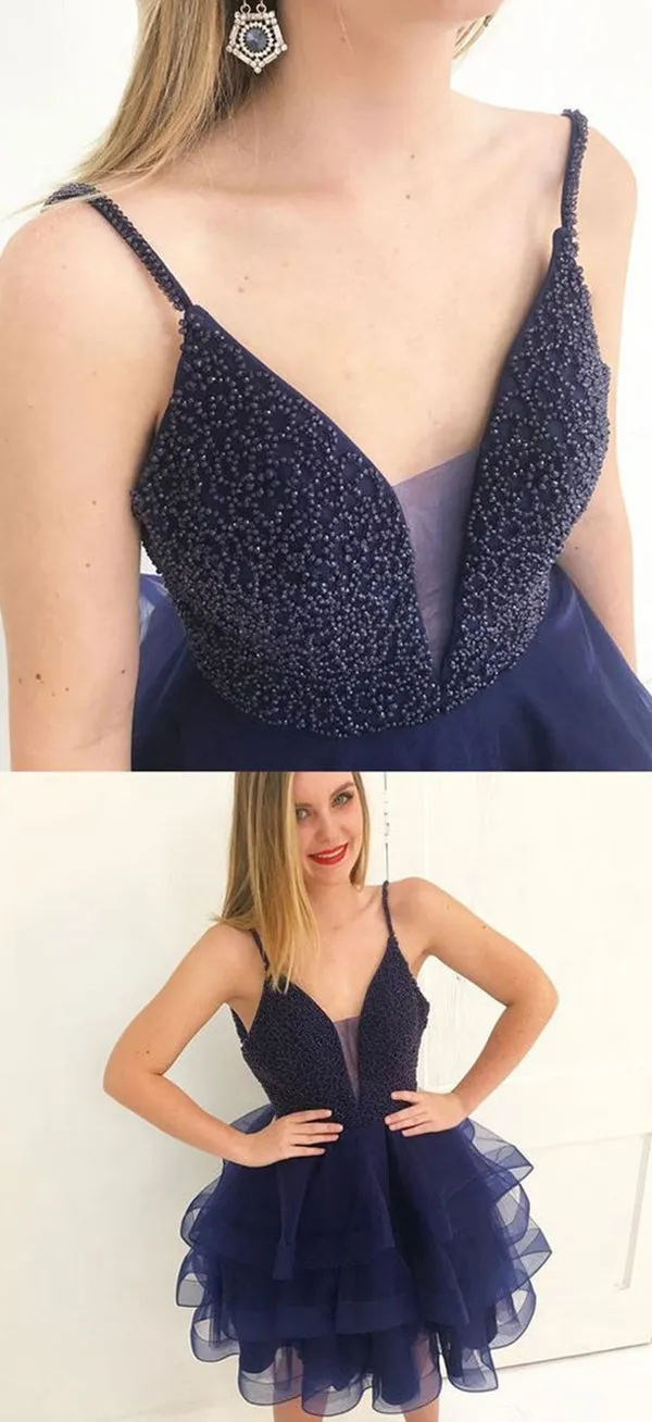 Fluffy V Neck Beaded Navy Blue Short Prom Dress, Navy Blue Formal Graduation Homecoming Dress with Beadings