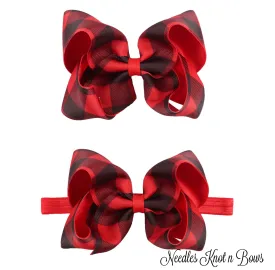 Girls 5" Buffalo Plaid Hair Bow or Headband, Girls Red & Black Buffalo Plaid Hair Bow