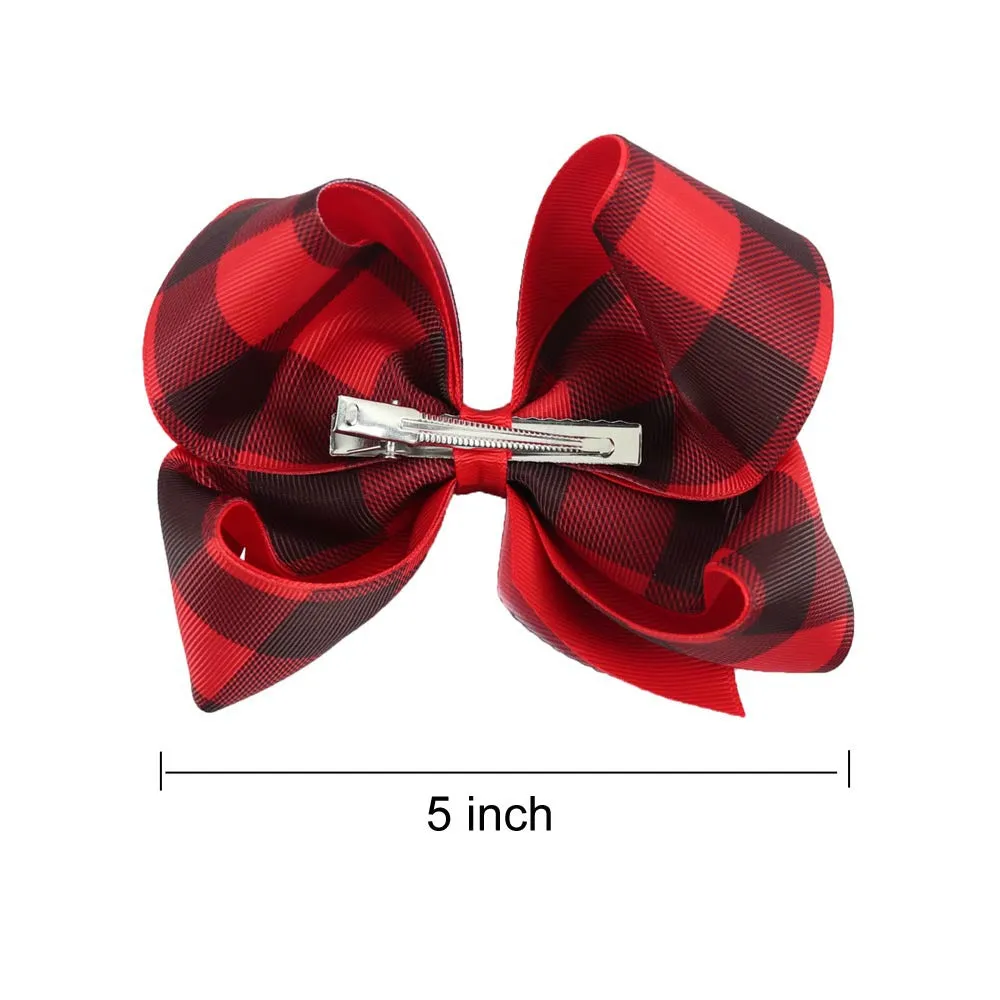 Girls 5" Buffalo Plaid Hair Bow or Headband, Girls Red & Black Buffalo Plaid Hair Bow