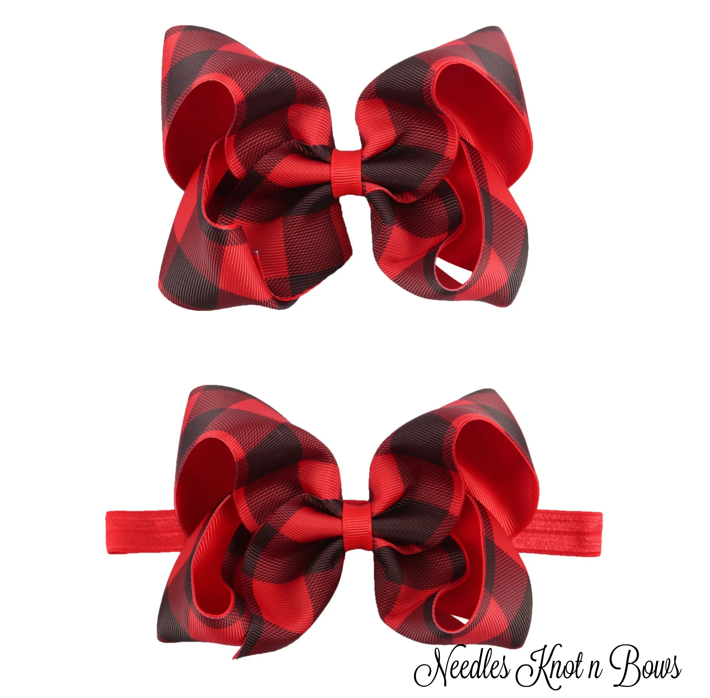 Girls 5" Buffalo Plaid Hair Bow or Headband, Girls Red & Black Buffalo Plaid Hair Bow