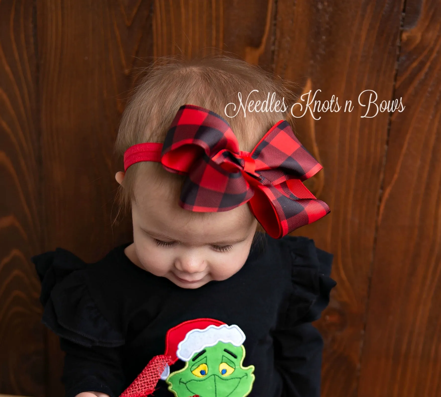 Girls 5" Buffalo Plaid Hair Bow or Headband, Girls Red & Black Buffalo Plaid Hair Bow