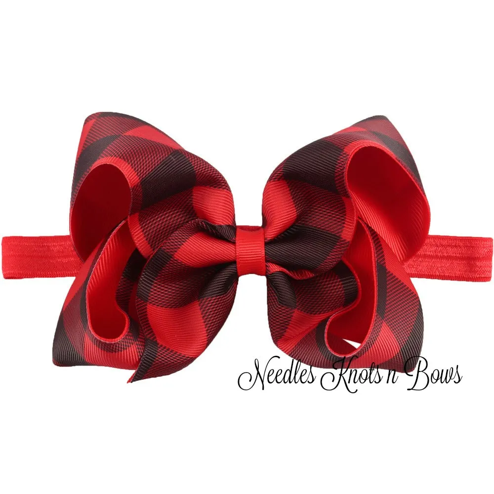 Girls 5" Buffalo Plaid Hair Bow or Headband, Girls Red & Black Buffalo Plaid Hair Bow