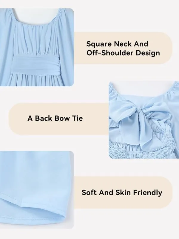 Girls Casual Long Sleeve Ruffle Hem Tie Back Off Shoulder Dresses 4-15 Years