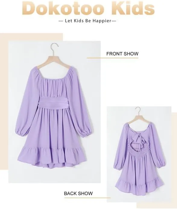 Girls Casual Long Sleeve Ruffle Hem Tie Back Off Shoulder Dresses 4-15 Years