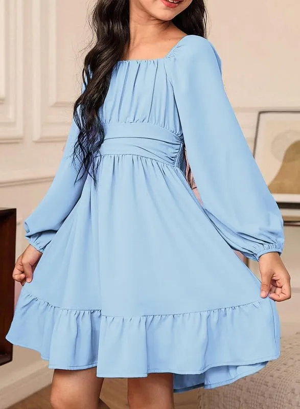 Girls Casual Long Sleeve Ruffle Hem Tie Back Off Shoulder Dresses 4-15 Years