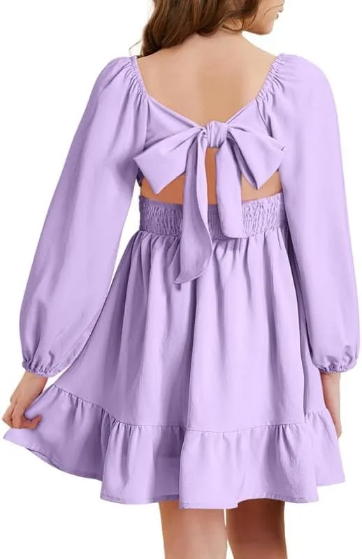 Girls Casual Long Sleeve Ruffle Hem Tie Back Off Shoulder Dresses 4-15 Years