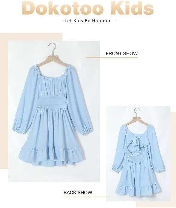 Girls Casual Long Sleeve Ruffle Hem Tie Back Off Shoulder Dresses 4-15 Years
