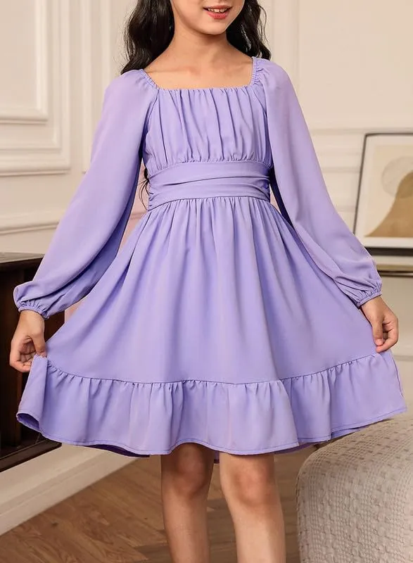 Girls Casual Long Sleeve Ruffle Hem Tie Back Off Shoulder Dresses 4-15 Years