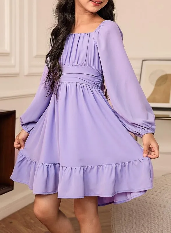 Girls Casual Long Sleeve Ruffle Hem Tie Back Off Shoulder Dresses 4-15 Years