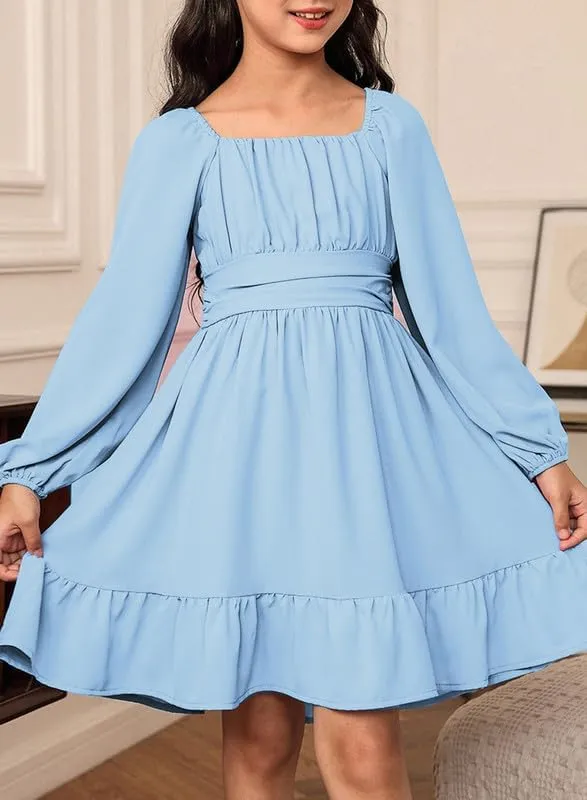 Girls Casual Long Sleeve Ruffle Hem Tie Back Off Shoulder Dresses 4-15 Years
