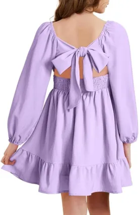 Girls Casual Long Sleeve Ruffle Hem Tie Back Off Shoulder Dresses 4-15 Years