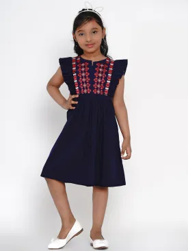 Girls Navy Blue Embroidered Fit And Flare Dress