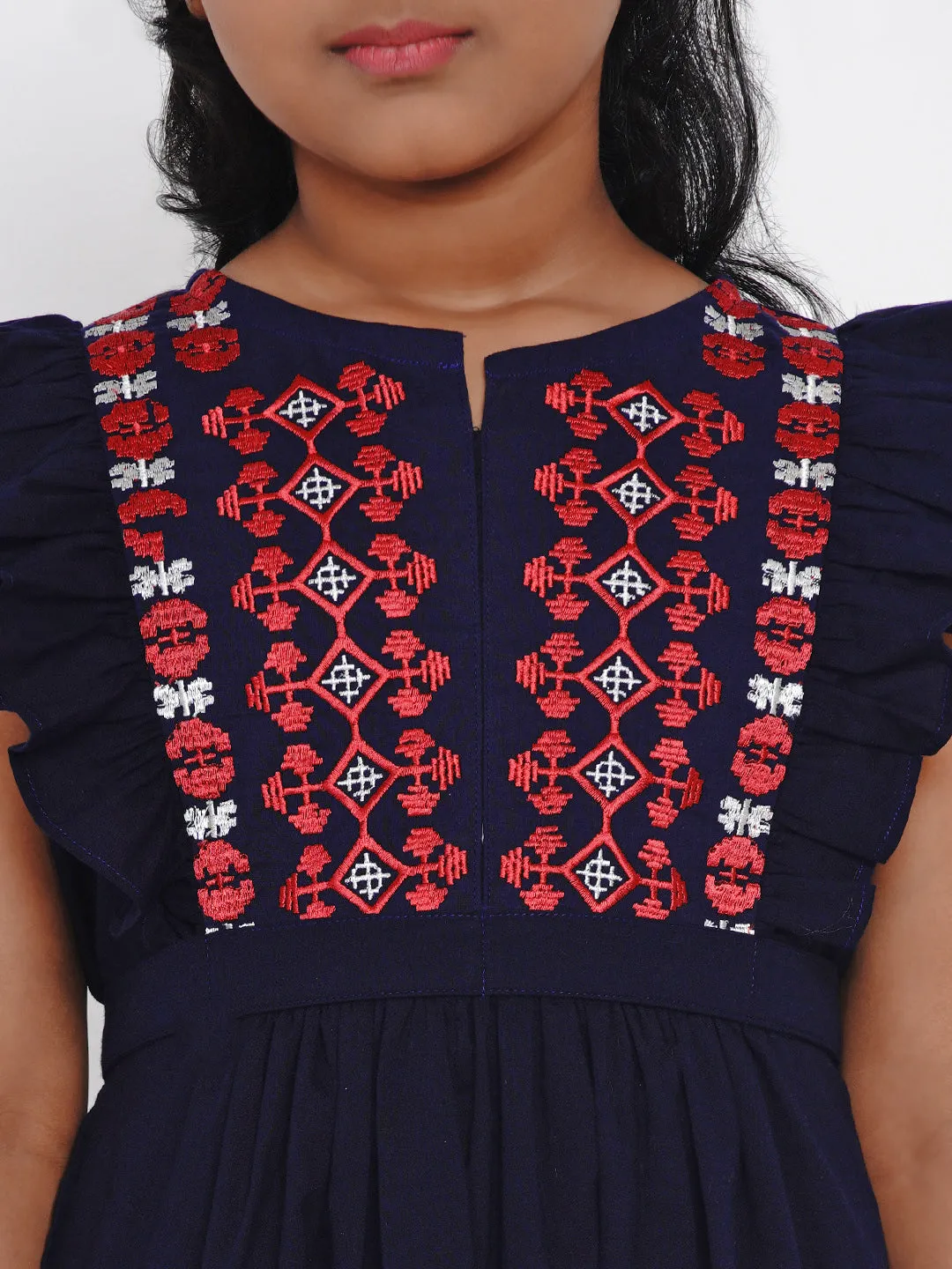 Girls Navy Blue Embroidered Fit And Flare Dress