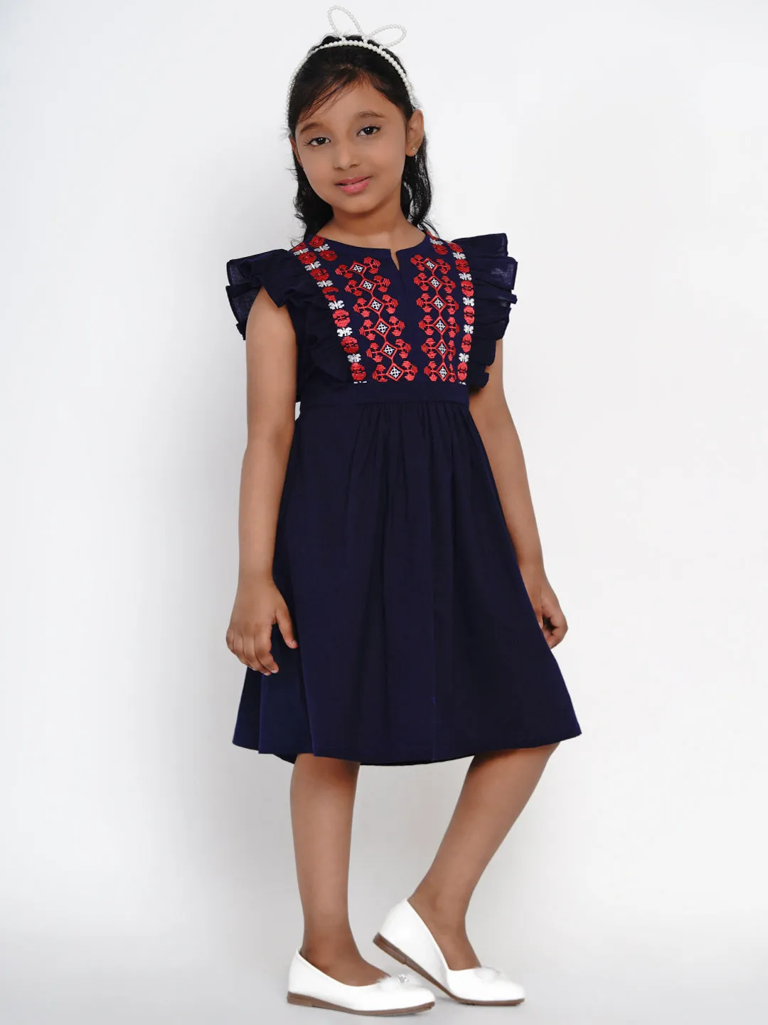 Girls Navy Blue Embroidered Fit And Flare Dress