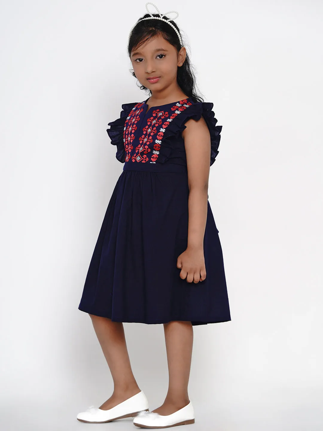 Girls Navy Blue Embroidered Fit And Flare Dress