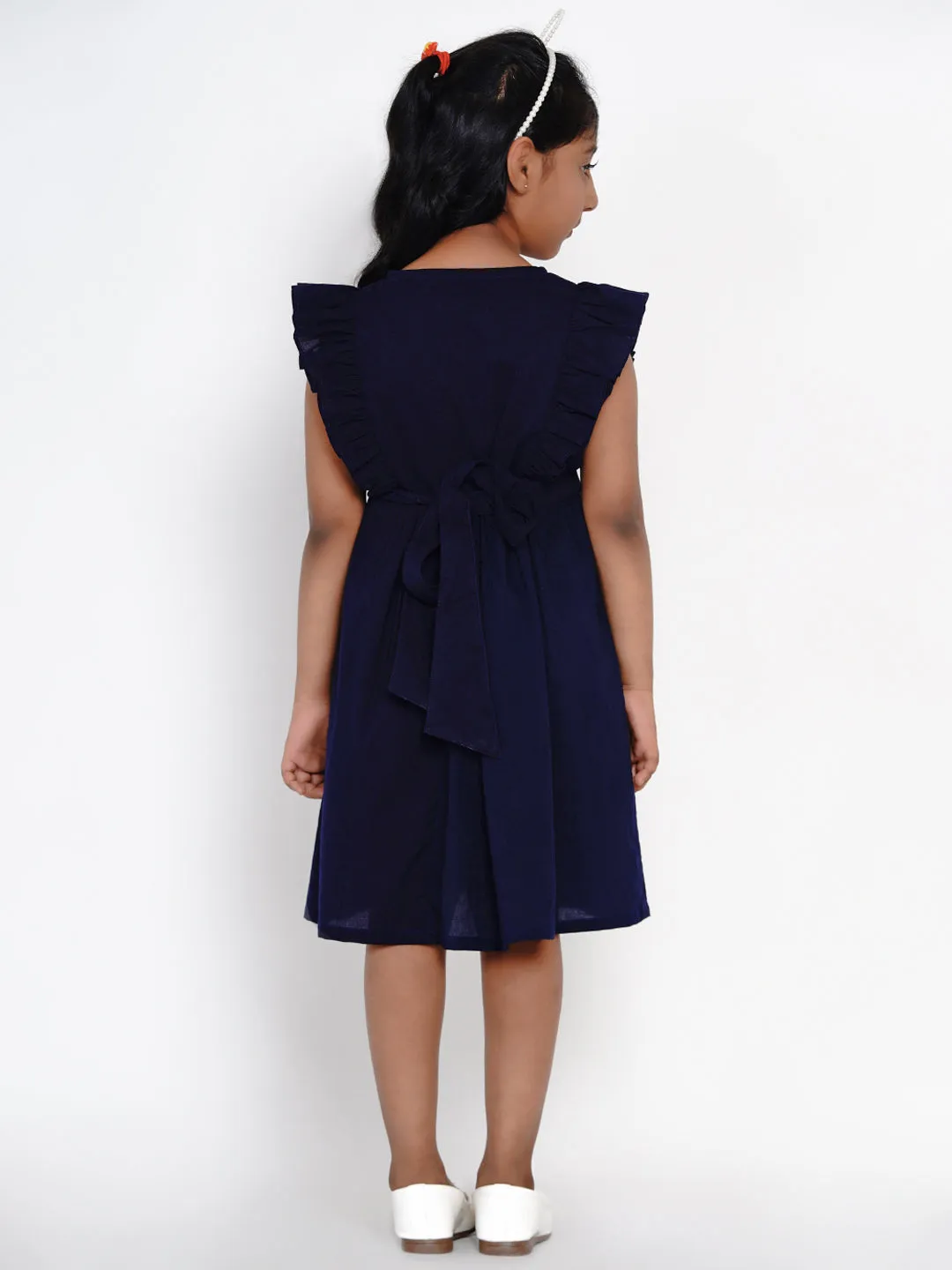Girls Navy Blue Embroidered Fit And Flare Dress