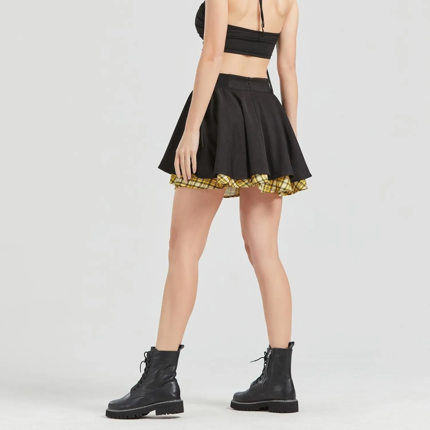 Gothic Skirts Cute High Elastic Waisted Plaid Kilts for Women Trendy Hem Flared Knee Length Mini Skater Skirt