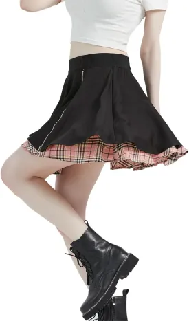 Gothic Skirts Cute High Elastic Waisted Plaid Kilts for Women Trendy Hem Flared Knee Length Mini Skater Skirt