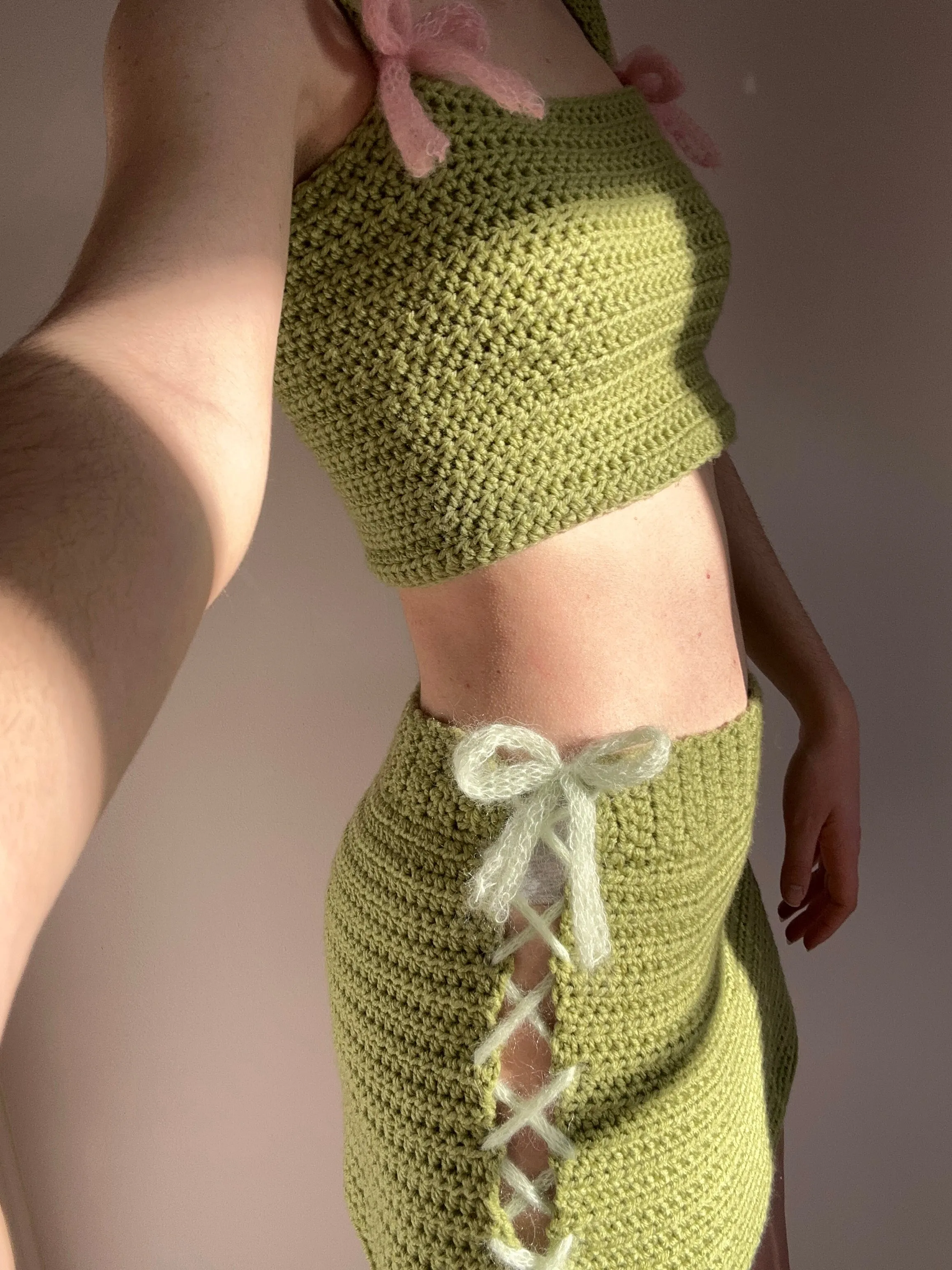 Handmade crochet coord with bow top and lace up skirt