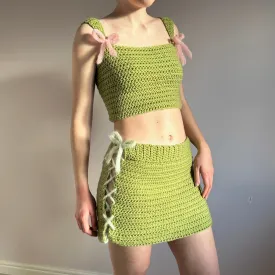 Handmade crochet coord with bow top and lace up skirt