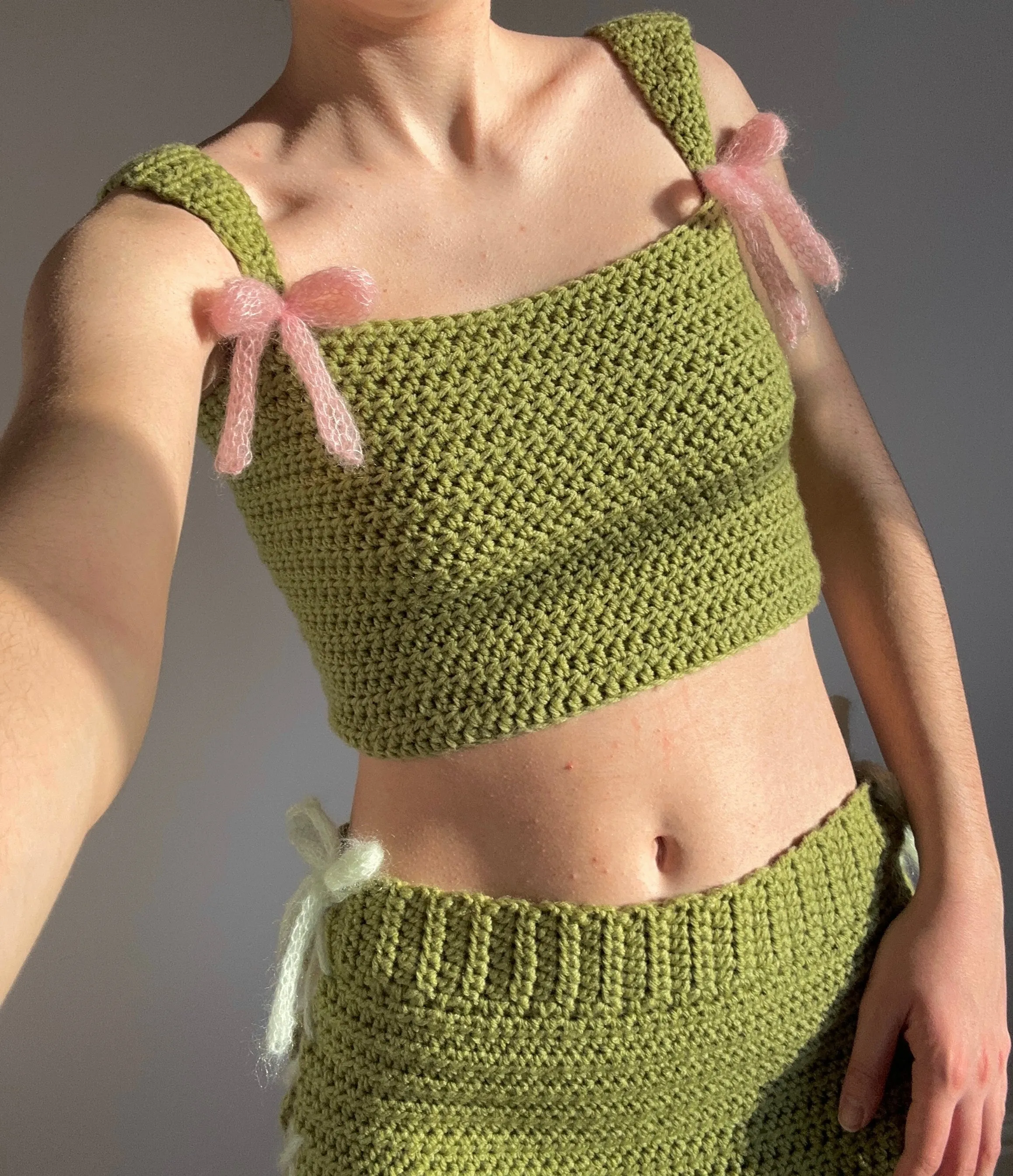 Handmade crochet coord with bow top and lace up skirt
