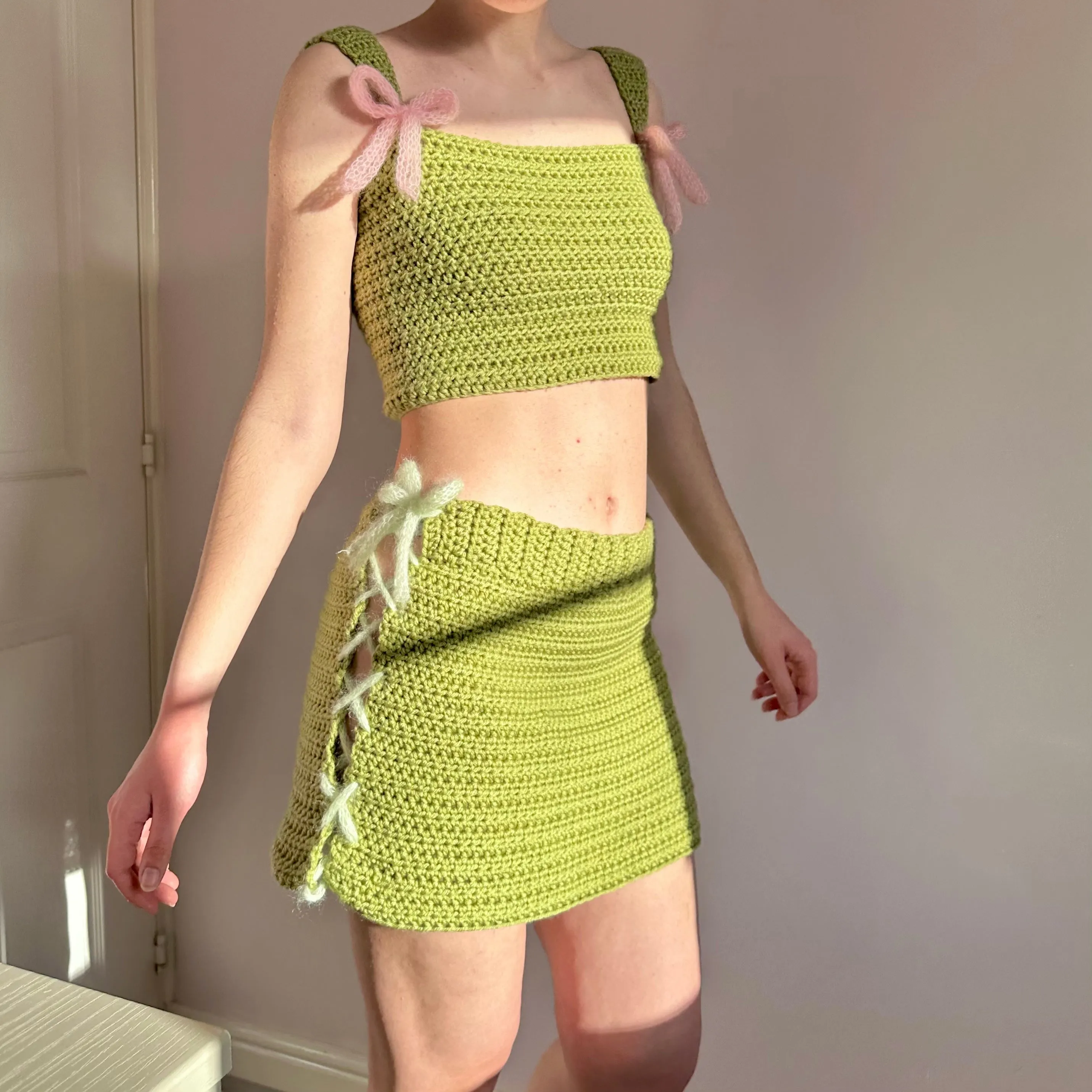 Handmade crochet coord with bow top and lace up skirt