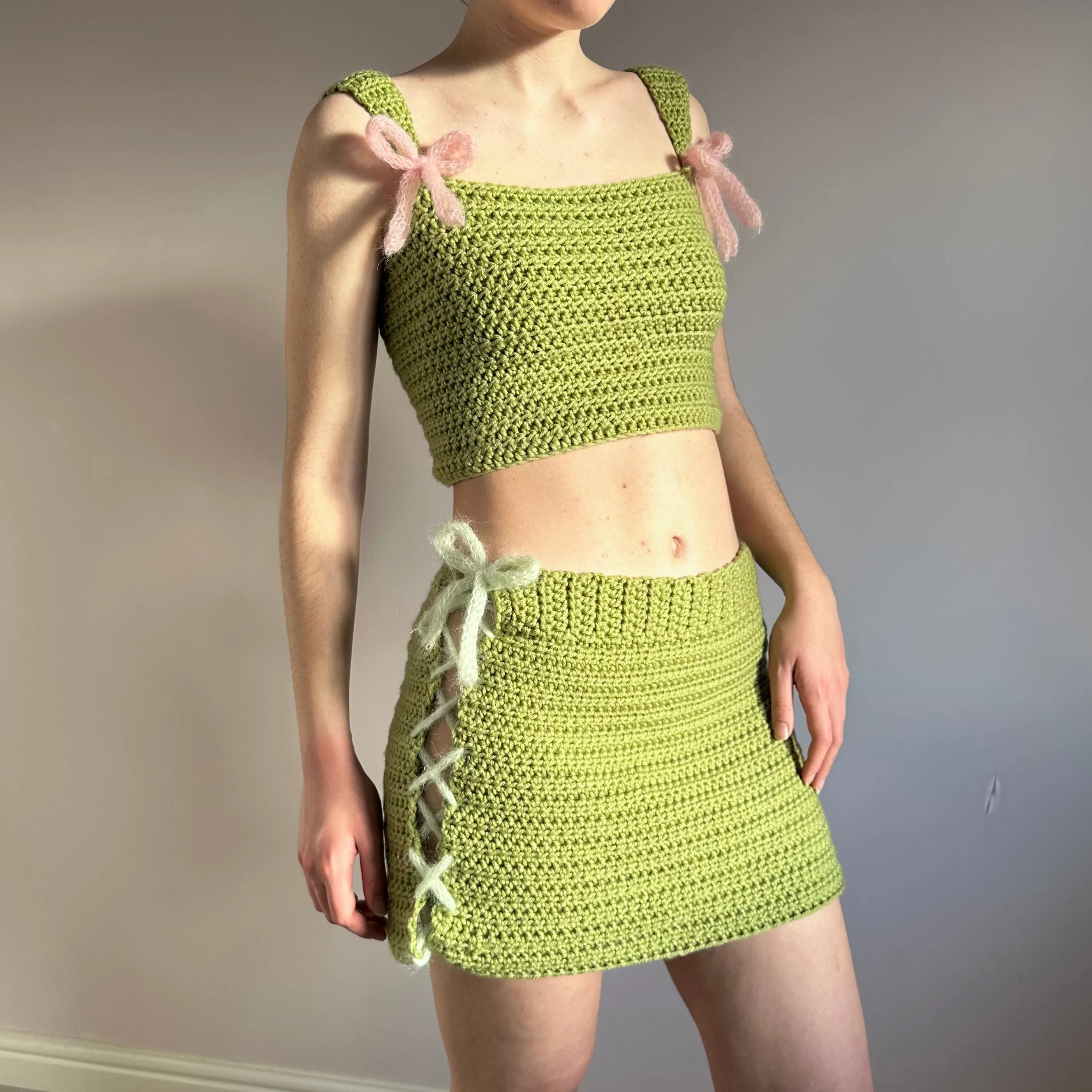 Handmade crochet coord with bow top and lace up skirt