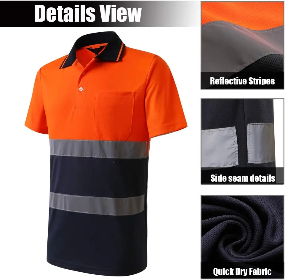 Hi Vis Safety Shirt for Men Short Sleeve Orange Navy Yellow Navy Construction Work Shirts Reflective Safety Polo Shirt