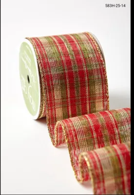 Holiday Plaid Ribbon, 2.5" x 5 yards, Red Green and Gold