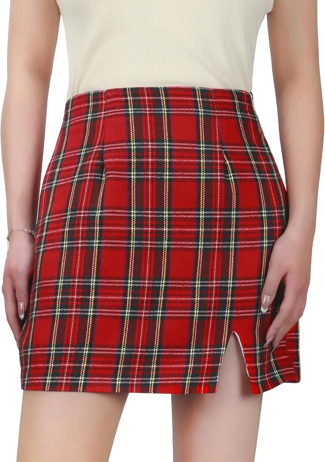 Ibeauti Women's High Waist Plaid Skirt Side Split Bodycon Pencil Mini Skirt
