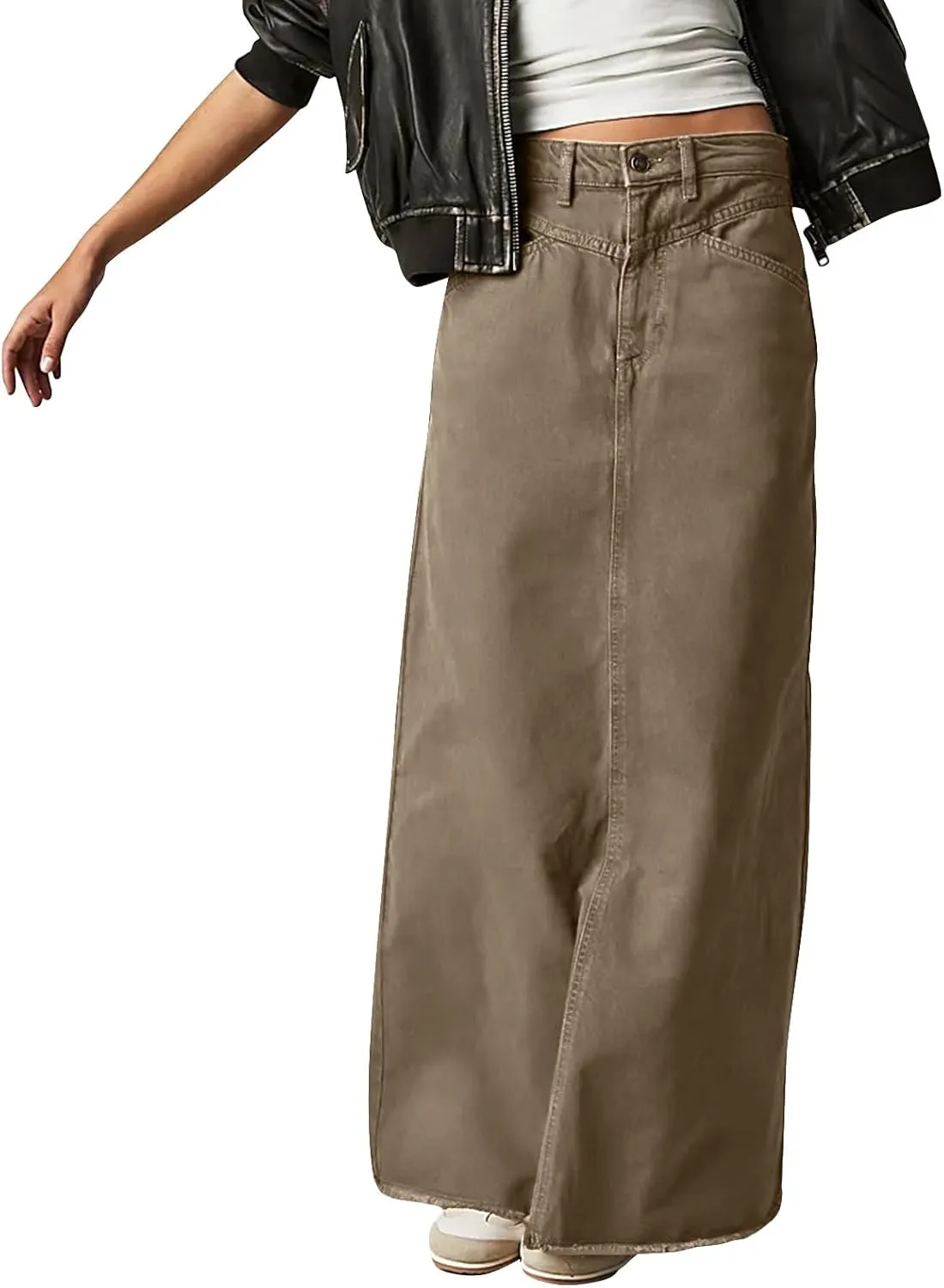Jean Skirts for Women Denim Casual Y2k High Waisted Skirts Vintage Frayed Raw Hem Long Denim Skirt with Pockets