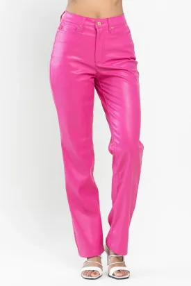 Judy Blue High Waist Tummy Control Top Faux Leather Straight Pants in Hot Pink 88748 - Exclusive