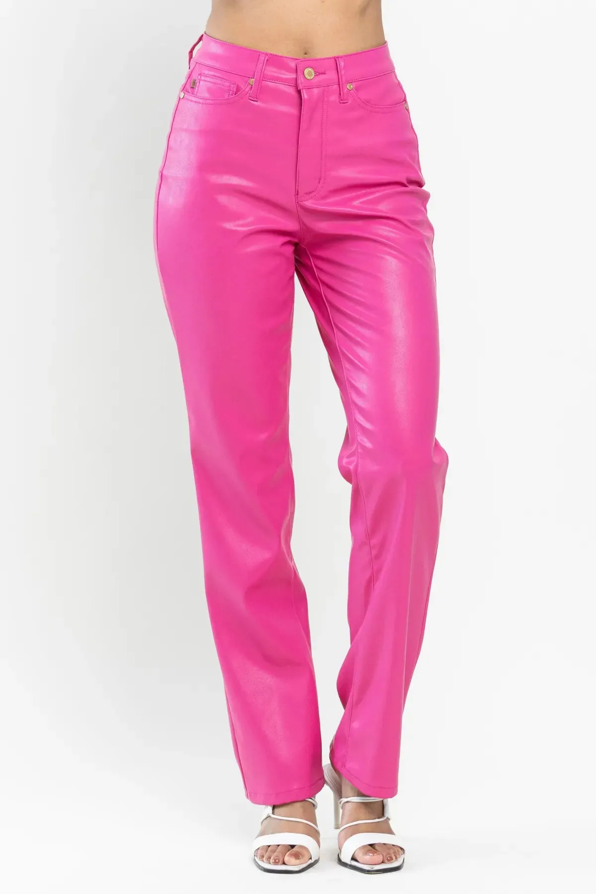 Judy Blue High Waist Tummy Control Top Faux Leather Straight Pants in Hot Pink 88748 - Exclusive