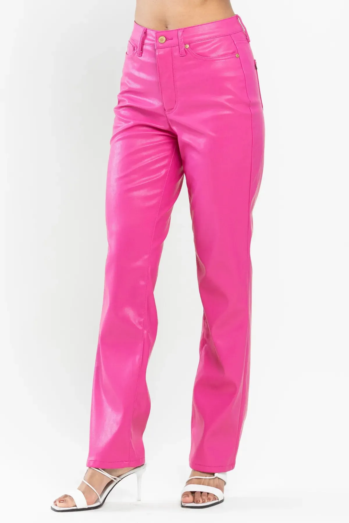 Judy Blue High Waist Tummy Control Top Faux Leather Straight Pants in Hot Pink 88748 - Exclusive