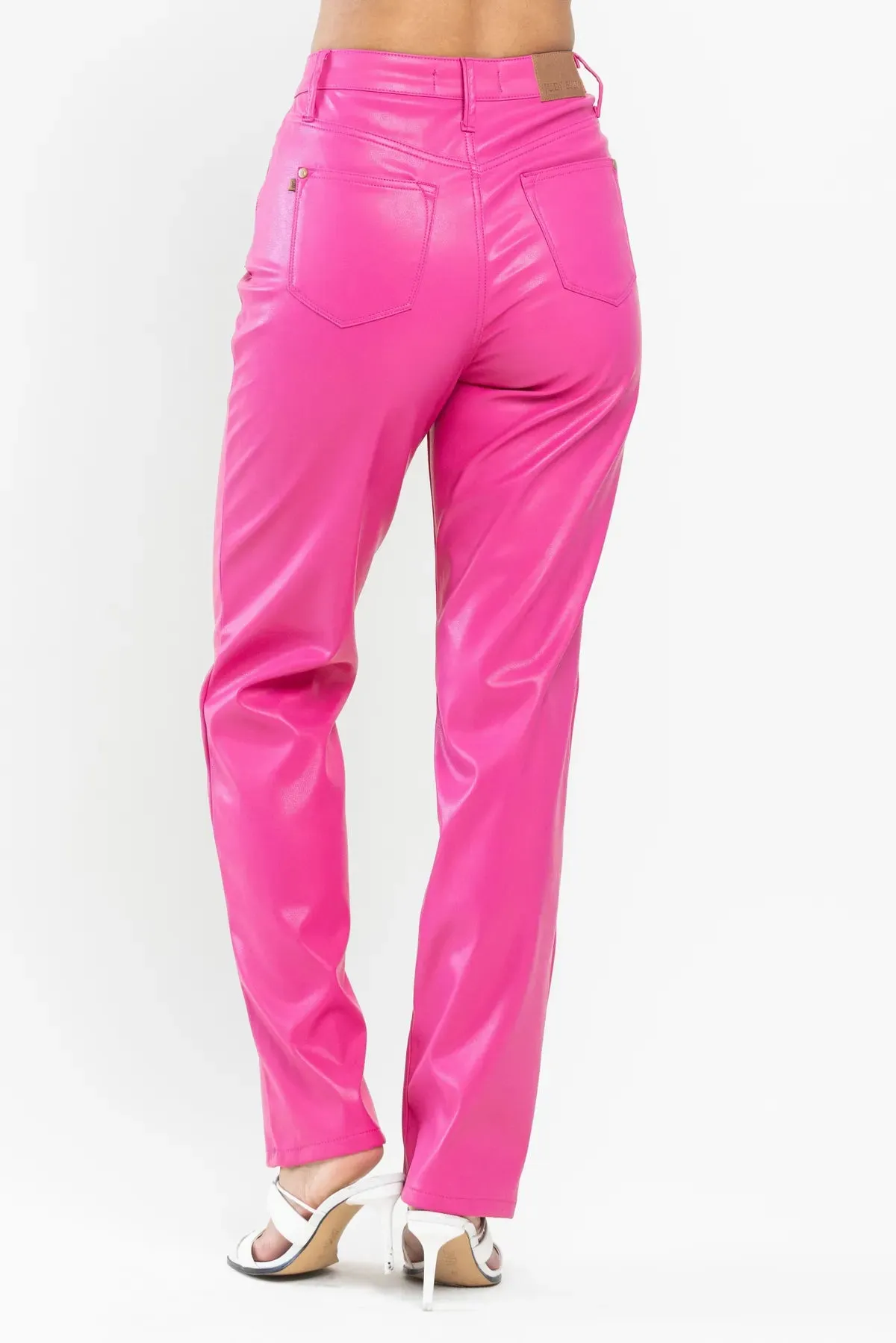 Judy Blue High Waist Tummy Control Top Faux Leather Straight Pants in Hot Pink 88748 - Exclusive