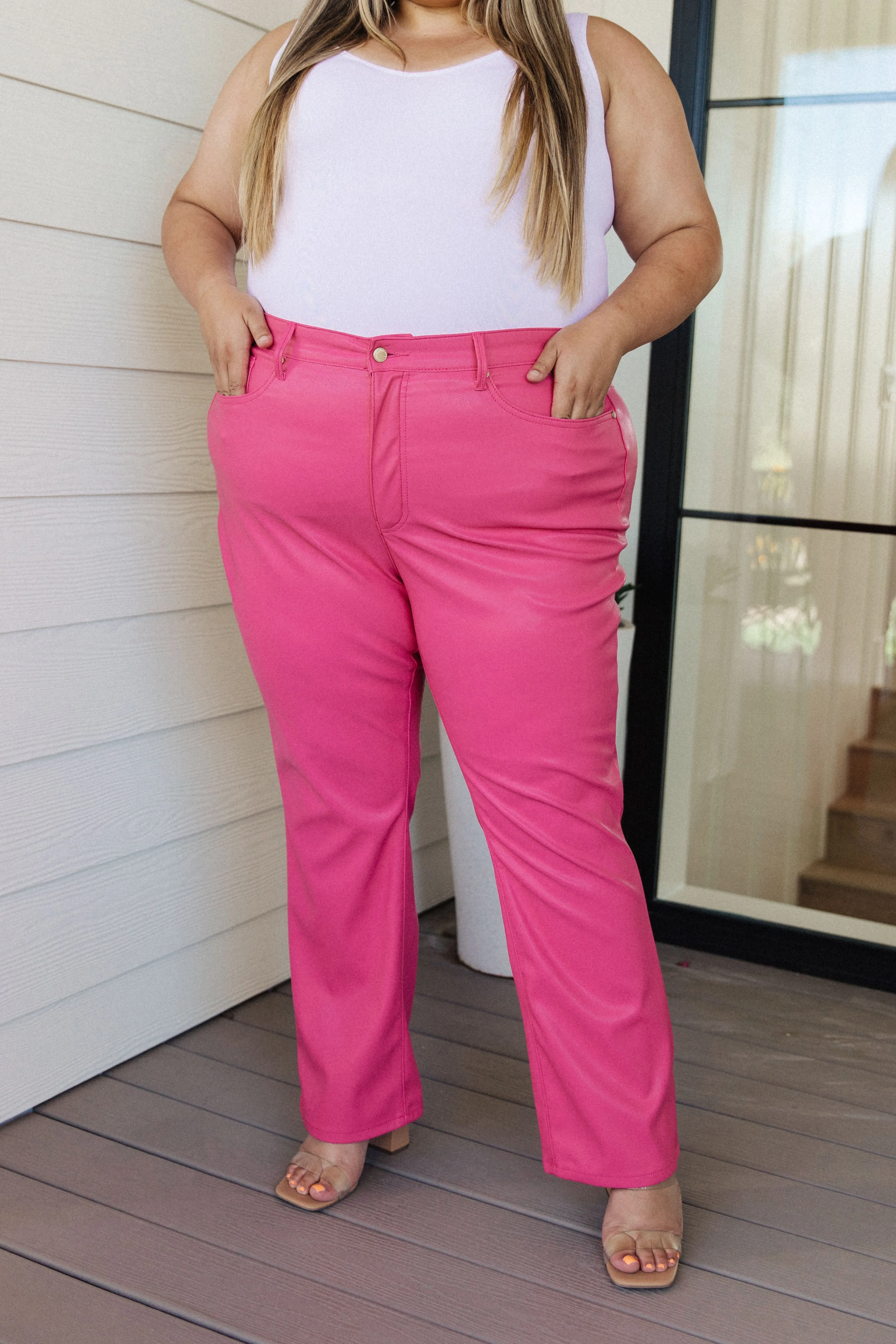 Judy Blue High Waist Tummy Control Top Faux Leather Straight Pants in Hot Pink 88748 - Exclusive