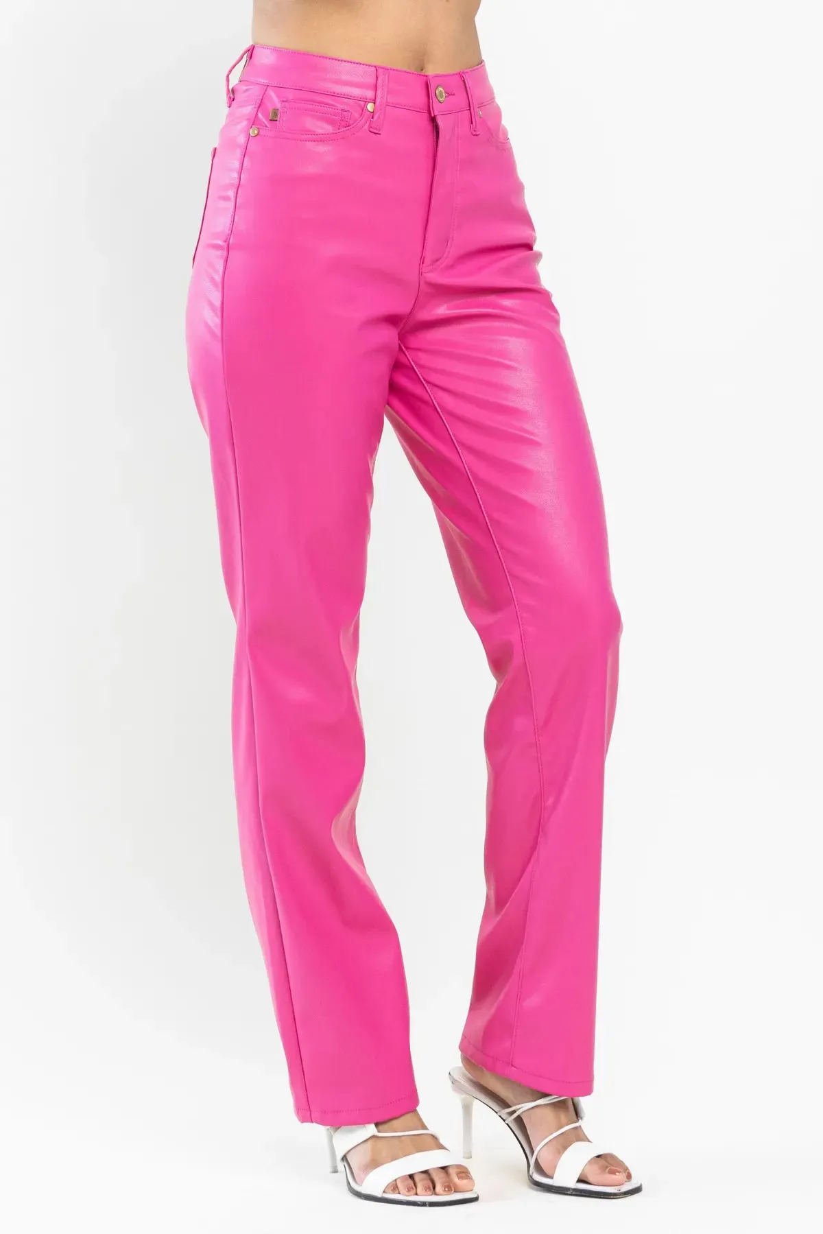 Judy Blue High Waist Tummy Control Top Faux Leather Straight Pants in Hot Pink 88748 - Exclusive
