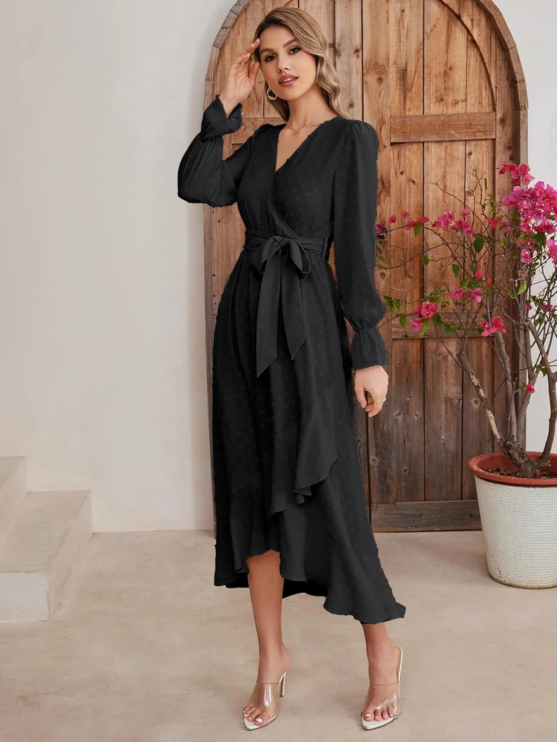 KUTUMAI Women 2024 Swiss Dot Maxi Dress V Neck Wrap Belted Ruffle A Line Flowy Boho Wedding Guest Long Dresses