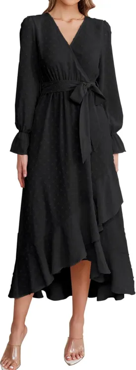 KUTUMAI Women 2024 Swiss Dot Maxi Dress V Neck Wrap Belted Ruffle A Line Flowy Boho Wedding Guest Long Dresses