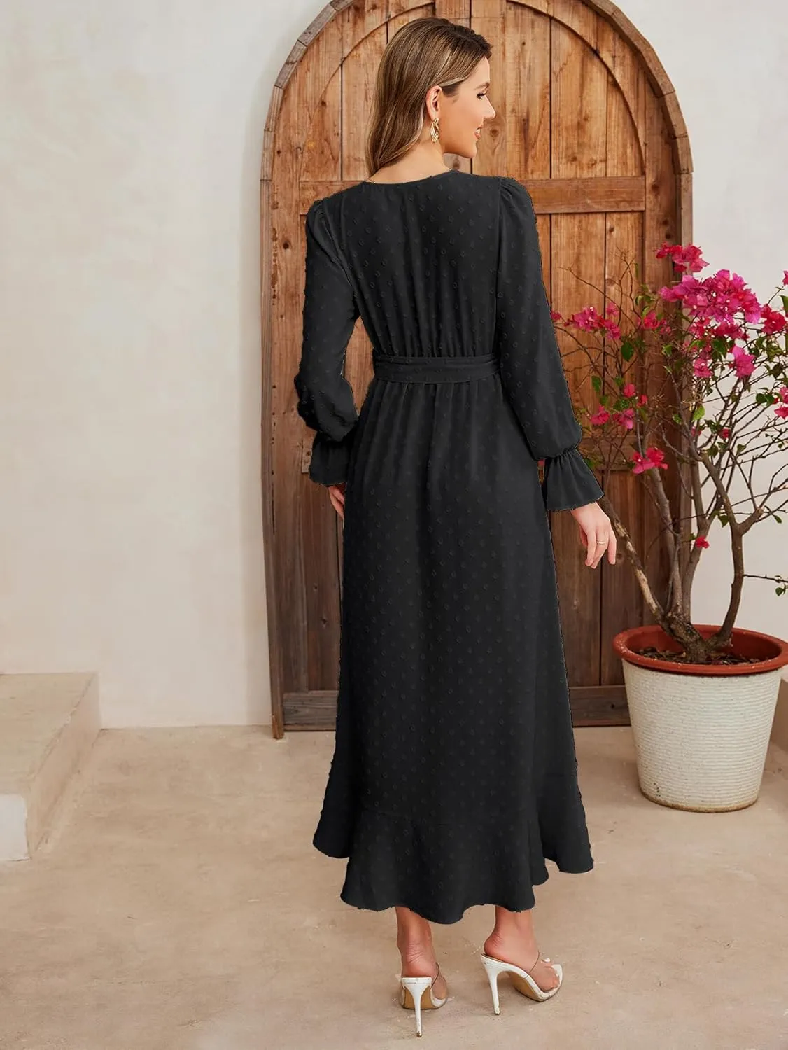 KUTUMAI Women 2024 Swiss Dot Maxi Dress V Neck Wrap Belted Ruffle A Line Flowy Boho Wedding Guest Long Dresses